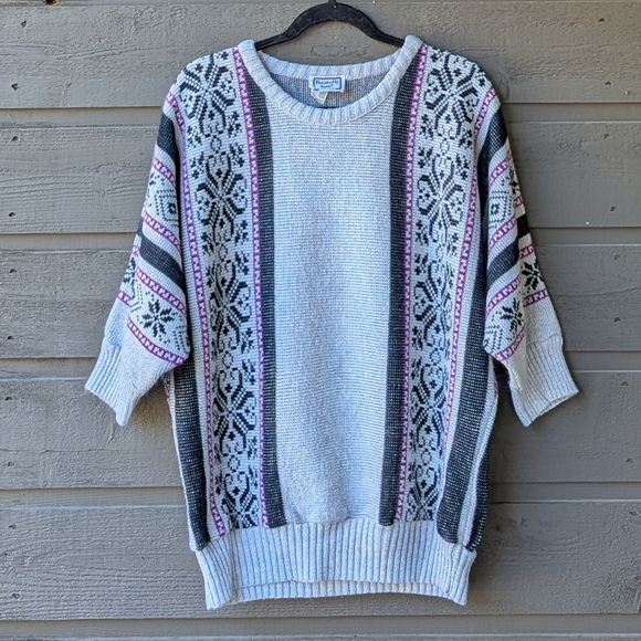 VTG 80s Keneth Too! Dolman Sleeve Acrylic Kit Sweater Gray Black Magenta Large - Picture 1 of 6